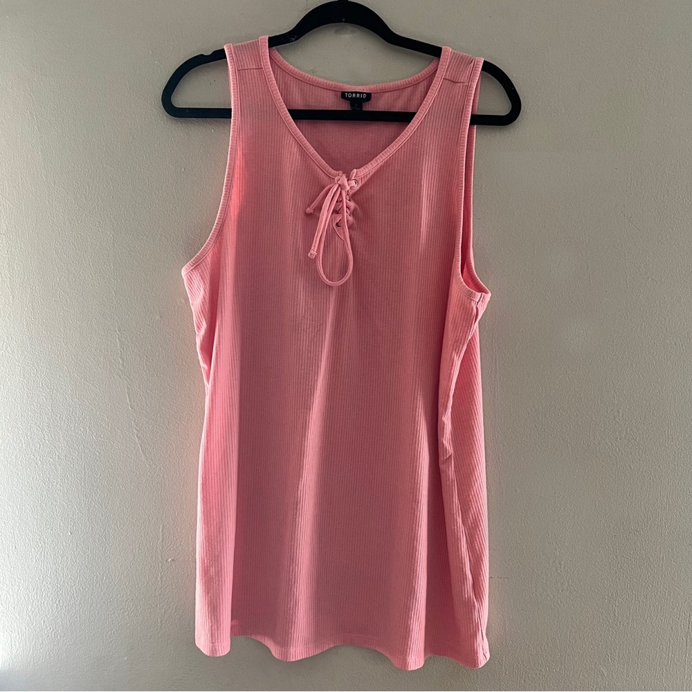 Torrid pink ribbed lace up tank top